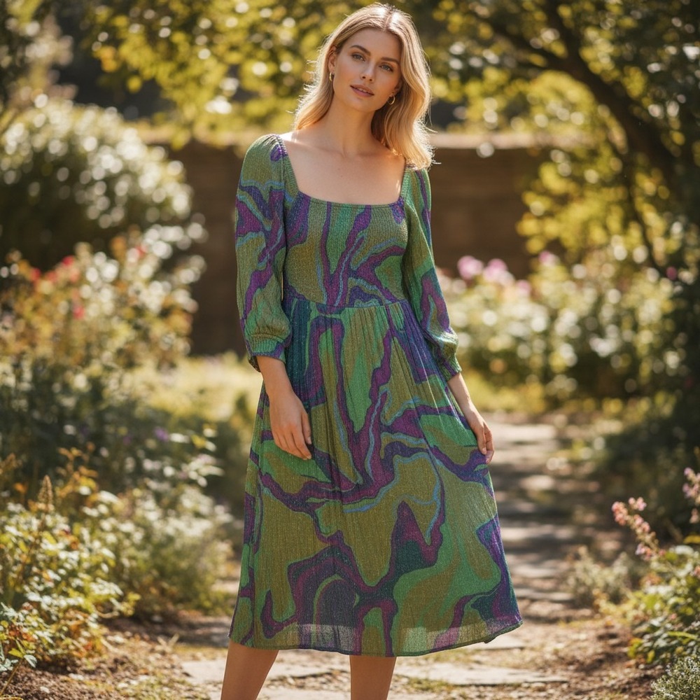 Conditions Apply‎ Womens M Dress Riyana Smocked Tie Back Cutout Boho Psychedelic